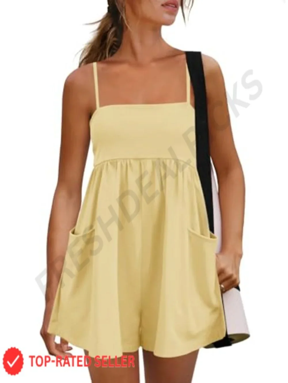 Women's Sleeveless Square Neck Romper with Pockets, Summer Cotton Blend Jumpsuit